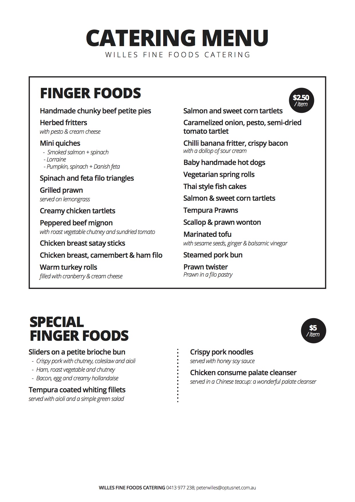 Willes Fine Foods Brisbane Catering Menu Food Catering from 2.50pp