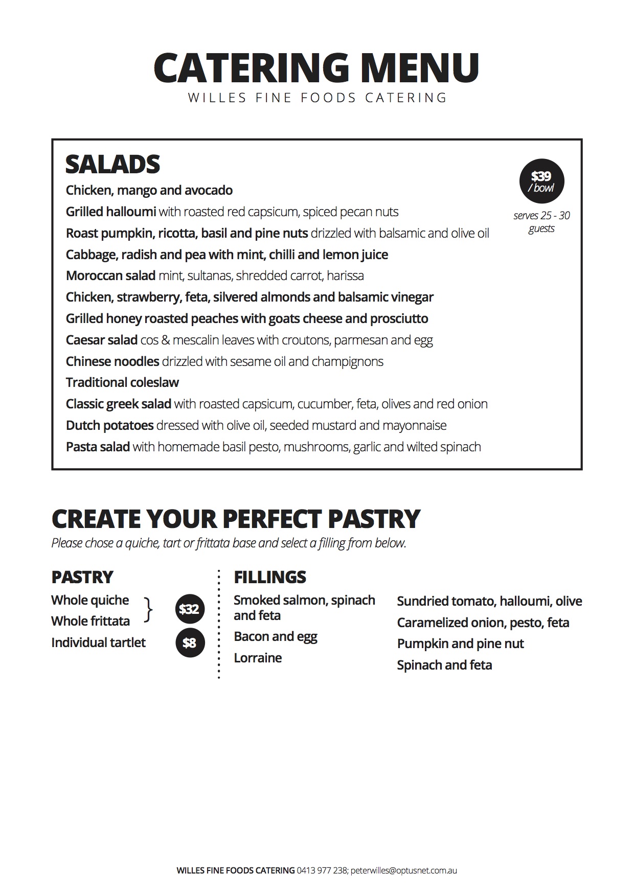 Willes Fine Foods Salads and Pastries - Brisbane Catering Menu