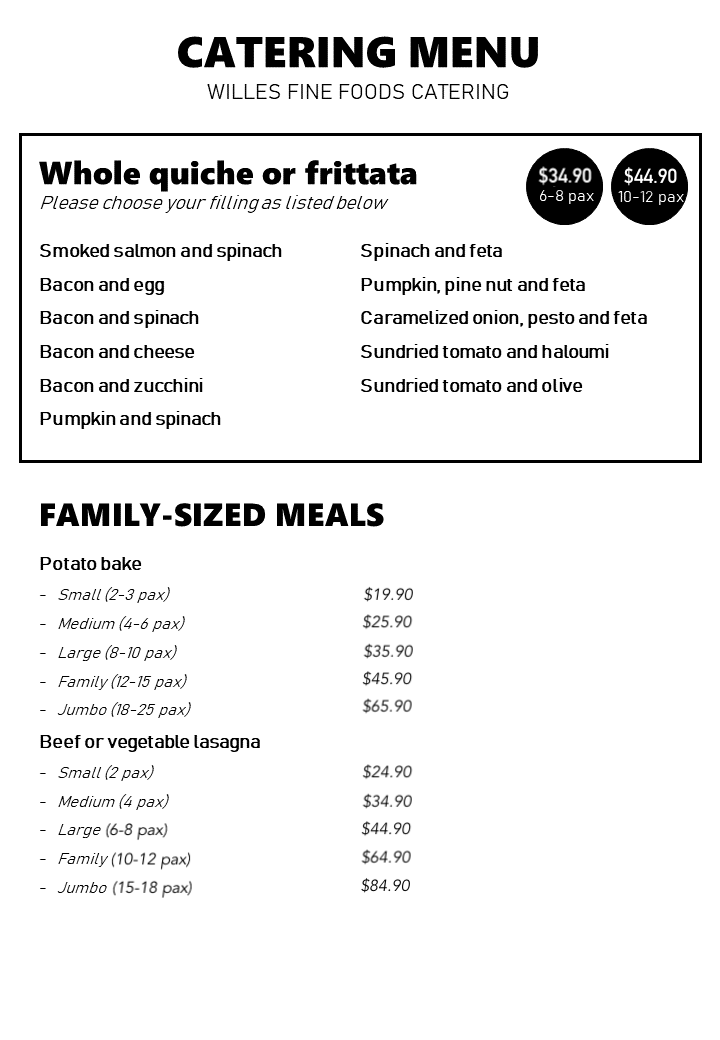Willes Fine Foods Drinks and Food Catering Menu